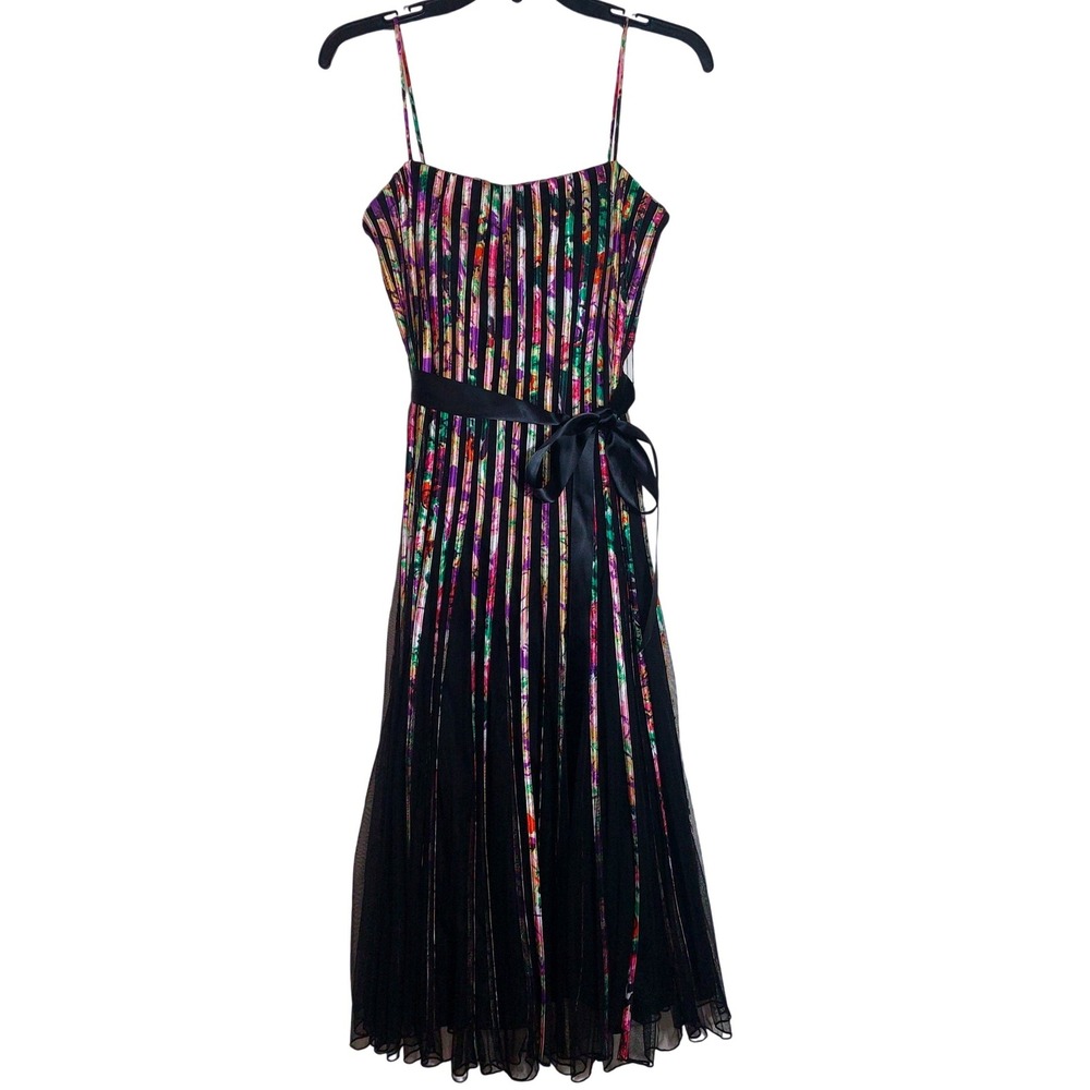 EUC JS Collections Floral Pleated Belt Midi Dress Spaghetti Strap Satin Size 10 - Picture 8 of 15